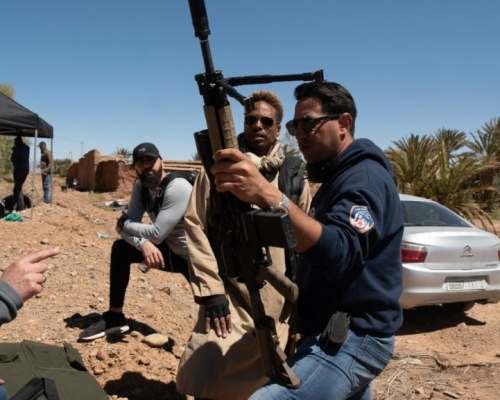 Gary Dourdan (back) and Director Hicham Hajji (front) behind the scenes of the action film REDEMPTION DAY, a Saban Films release. Photo courtesy of Saban Films.