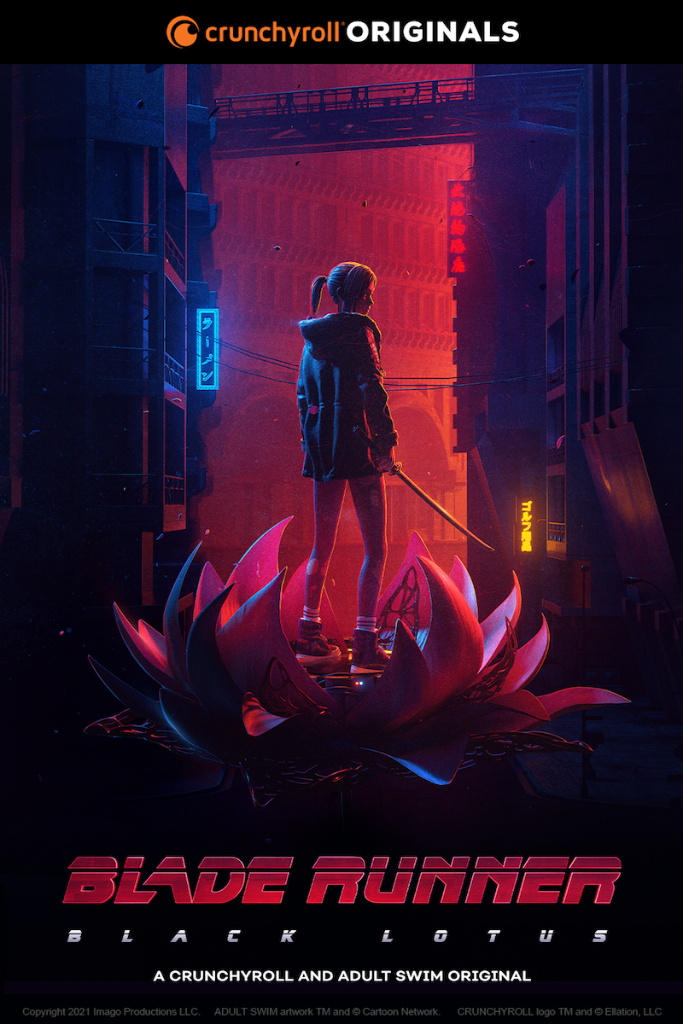 Full Size poster for Blade Runner: Black Lotus, featuring a female replicant character standing in the center of an oversized lotus flower.