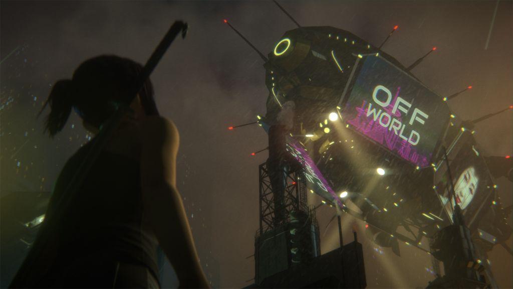 A character with a pony tail, seen from behind, looks up at a mechanical blimp, displaying a screen with the words "OFF World"