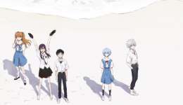 A poster for the film Evangelion 3.0+1.01, featuring the protagonists standing on a beach.