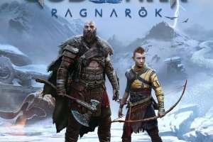 An edited version of the cover of 2022 video game God of War Ragnarok. Protagonists Kratos, on viewer's left, and Atreus, viewer right, stand in front of a snowy scene from ancient Norway, including unidentified ruined buildings.
