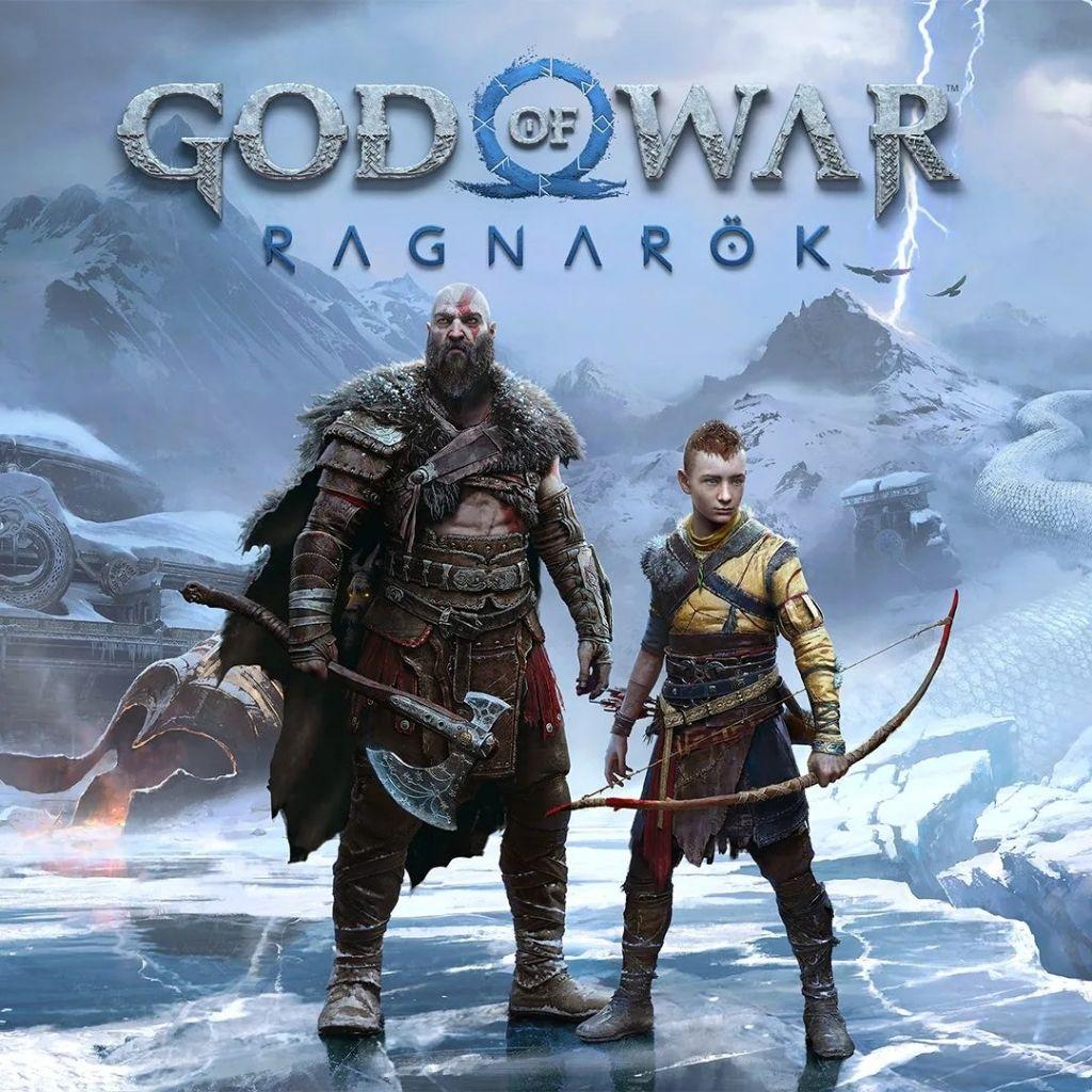 An edited version of the cover of 2022 video game God of War Ragnarok. Protagonists Kratos, on viewer's left, and Atreus, viewer right, stand in front of a snowy scene from ancient Norway, including unidentified ruined buildings.