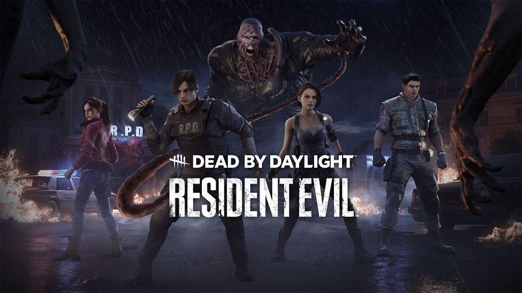 Key art of the Resident Evil themed DLC pack for Dead by Daylight, a game by Behavior Interactive. The characters Chris Redfield, , Jill Valentine, Leon S. Kennedy and Claire Redfield (right to left) stand in front of the Nemesis monster.