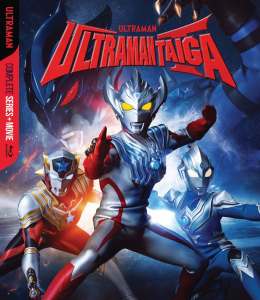 Key art for the cover of the ULTRAMAN TAIGA COMPLETE SERIES blu-ray by Mill Creek. Taiga is front and center, flanked by a red, and a blue, Ultraman, on viewer's left and right. Above them all is the series' logo.