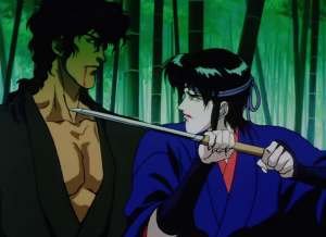 A screenshot from the film NINJA SCROLL. In it, a ninja in blue threatens a larger man with a blade to his throat. They are standing in a bamboo forest.