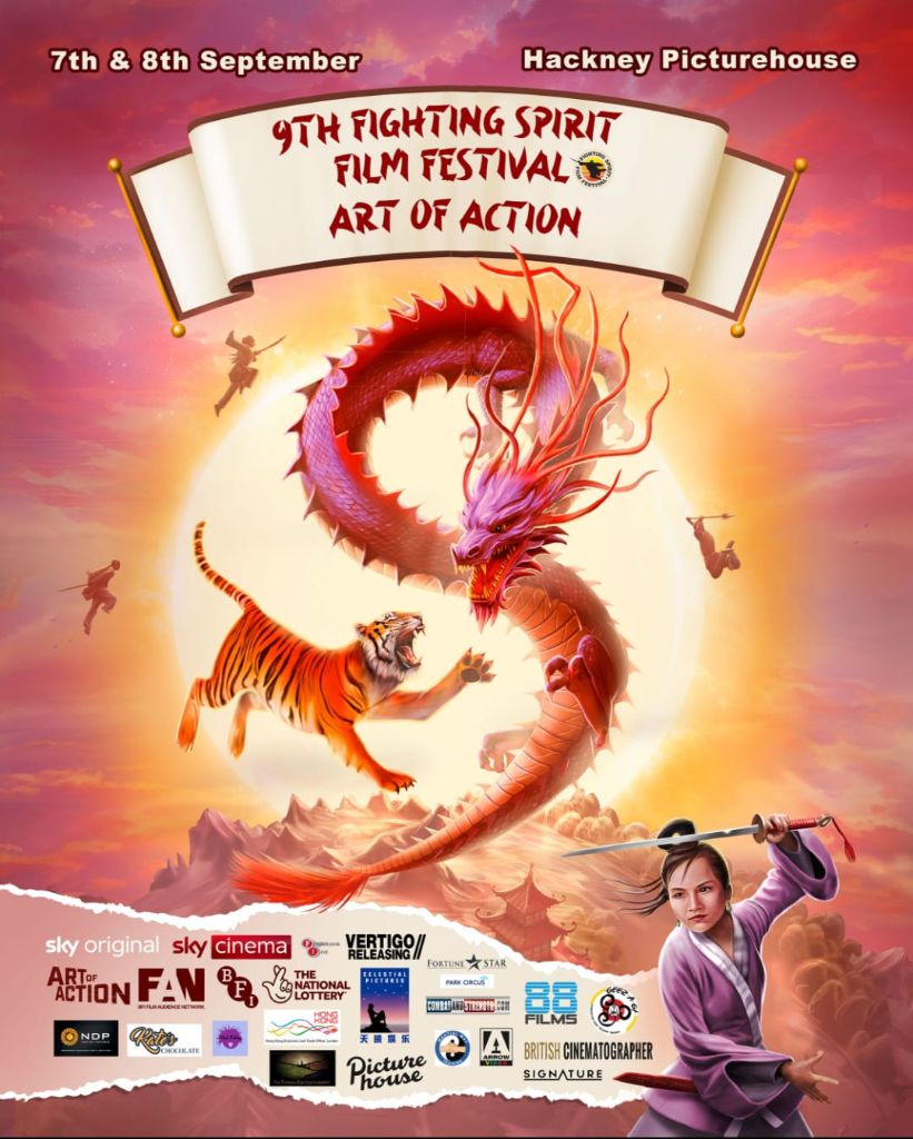 Promo art for the 2024 London Fighting Spirit Film Festival which comprises of a flying tiger and dragon, other warriors in the sky to a backdrop brightly-lit by the sun, and a female fighting character, along with the festival logo and accompanying branding of sponsors and affiliates.