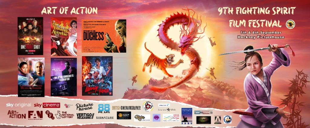 Promo art for the 2024 London Fighting Spirit Film Festival which contains a colorful sunrise, topped by a flying tiger and dragon, a female warrior and other kung fu warriors in the background. Other components include festival logos and branding, and movie posters of features being shown at the festival.