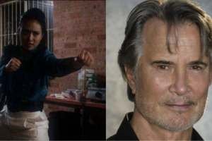 Maria Tran in a still from fan trailer "Tiger Cop 2" on the left, and a courtesy headshot of actor Richard Norton on the right.