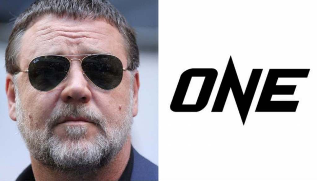 Russell Crowe wearing sunglasses on the left, ONE Championship logo on the right with the word ONE presented bold in black
