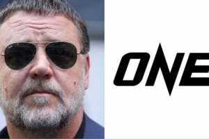 Russell Crowe wearing sunglasses on the left, ONE Championship logo on the right with the word ONE presented bold in black