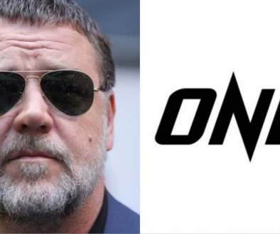 Russell Crowe wearing sunglasses on the left, ONE Championship logo on the right with the word ONE presented bold in black