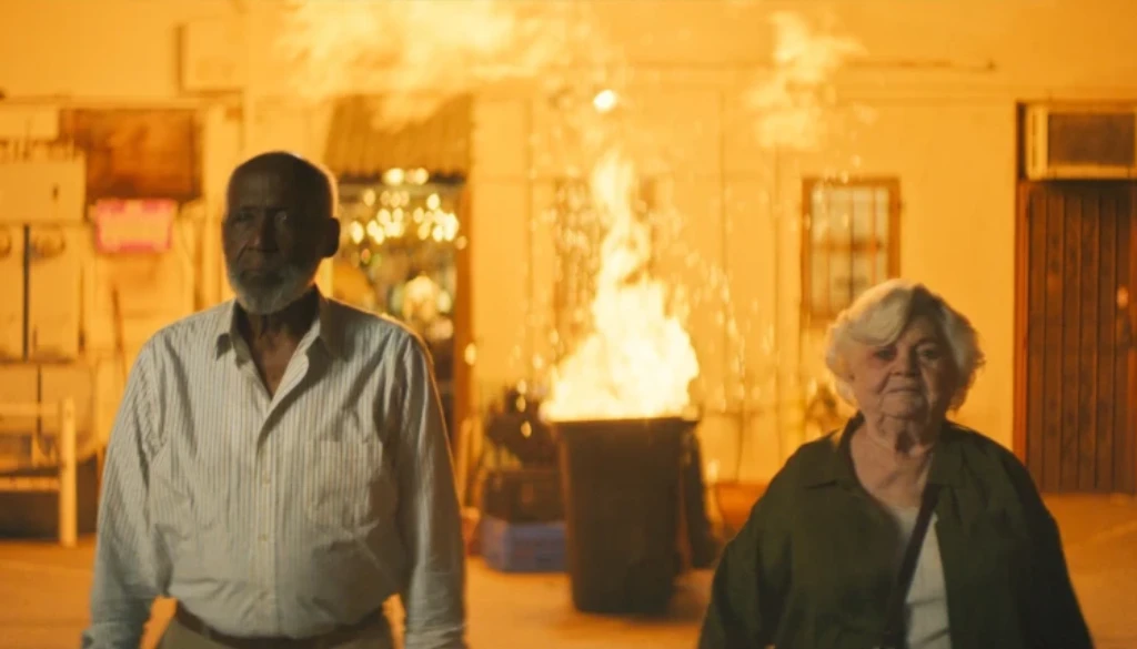 A man and a woman stand in front of an explosion.