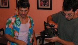 Two men making a movie on a film set.