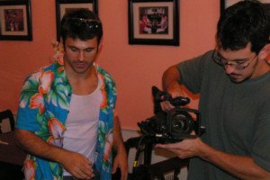 Two men making a movie on a film set.