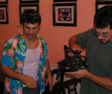 Two men making a movie on a film set.