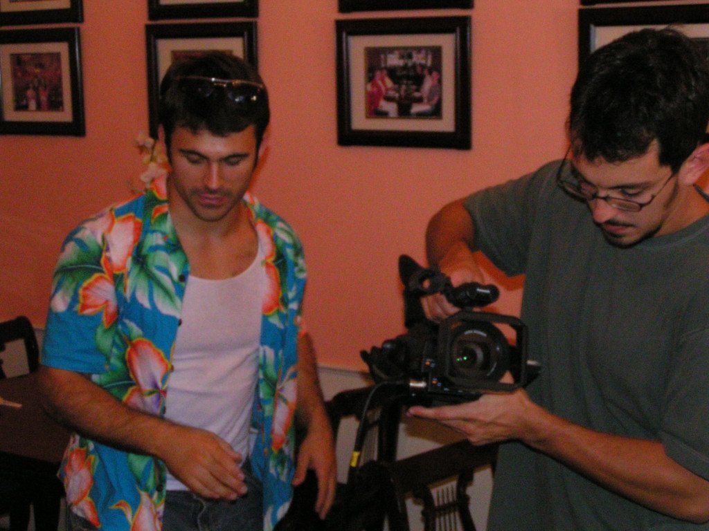 Two men making a movie on a film set.